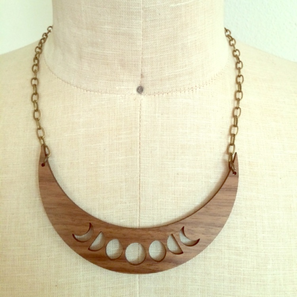 NEW goth witch boho wood moon phase necklace